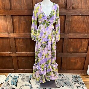 VENUS Floral Long Sleeve Dress in Purple and Green
